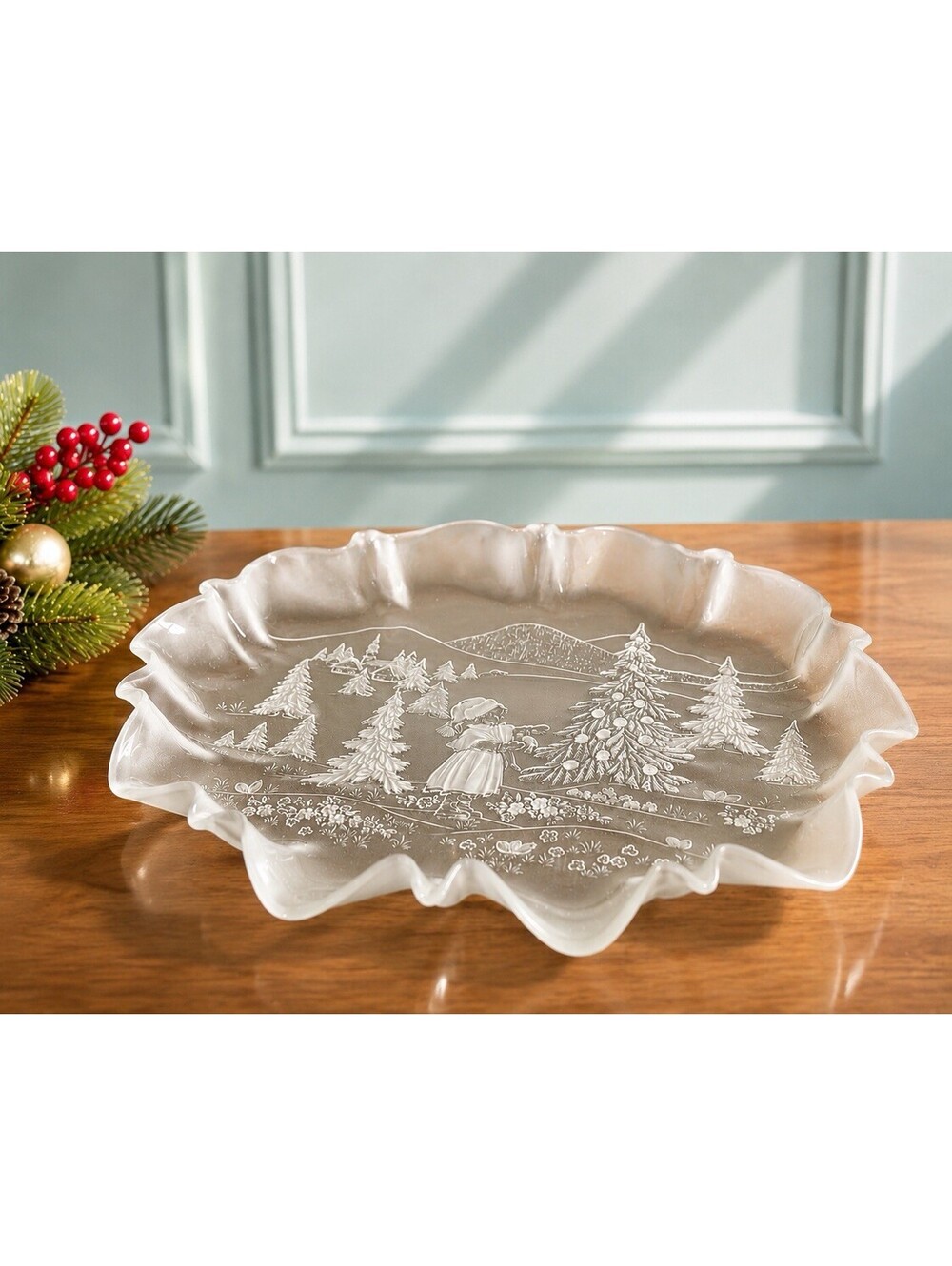 Mikasa Walther Glas 1990s Oval Canape Tray Christmas Story Frosted, 17.25x12"